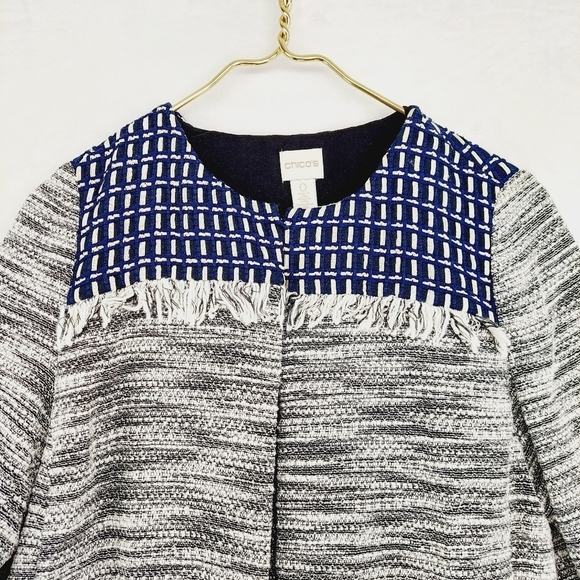 Chico’s Long Sleeve Pieced Detail Jacket Black/White/Blue Casual Blazer P3378 - Picture 3 of 9